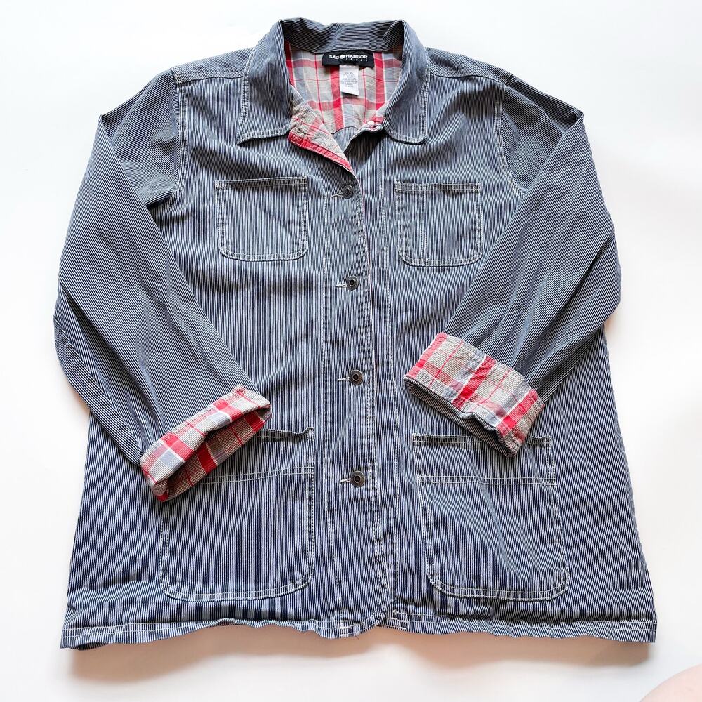 Vintage Womens Sag Harbor Blue and White Pin Stripe Utility Jacket Plaid Cuffs